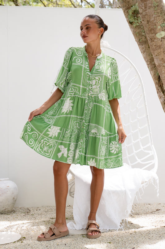 Esmira Green Abstract Button Down Mini Dress