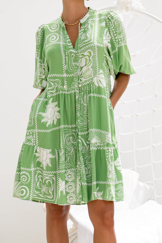 Esmira Green Abstract Button Down Mini Dress