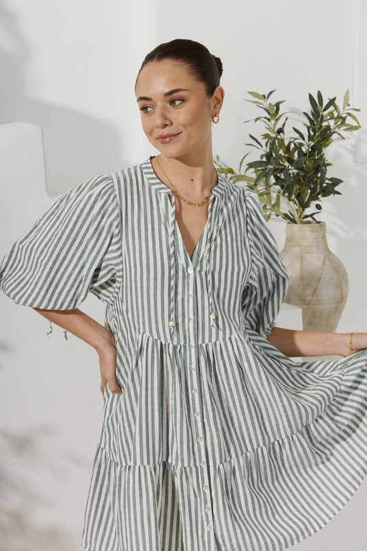 Kiera Green Stripe Button Down Mini Dress