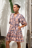 Amarante Navy Peach Floral Boho Button Down Mini Dress