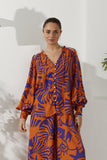 Maris Orange Purple Abstract Shell Balloon Sleeve Blouse