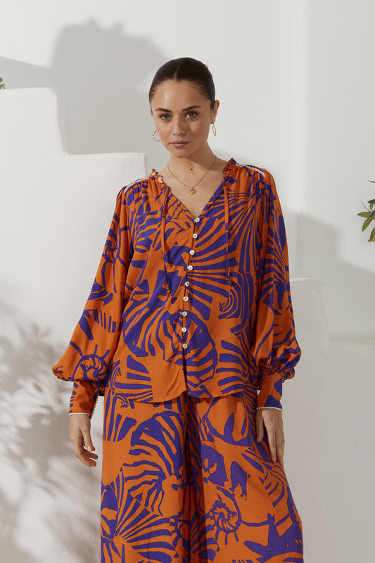 Maris Orange Purple Abstract Shell Balloon Sleeve Blouse