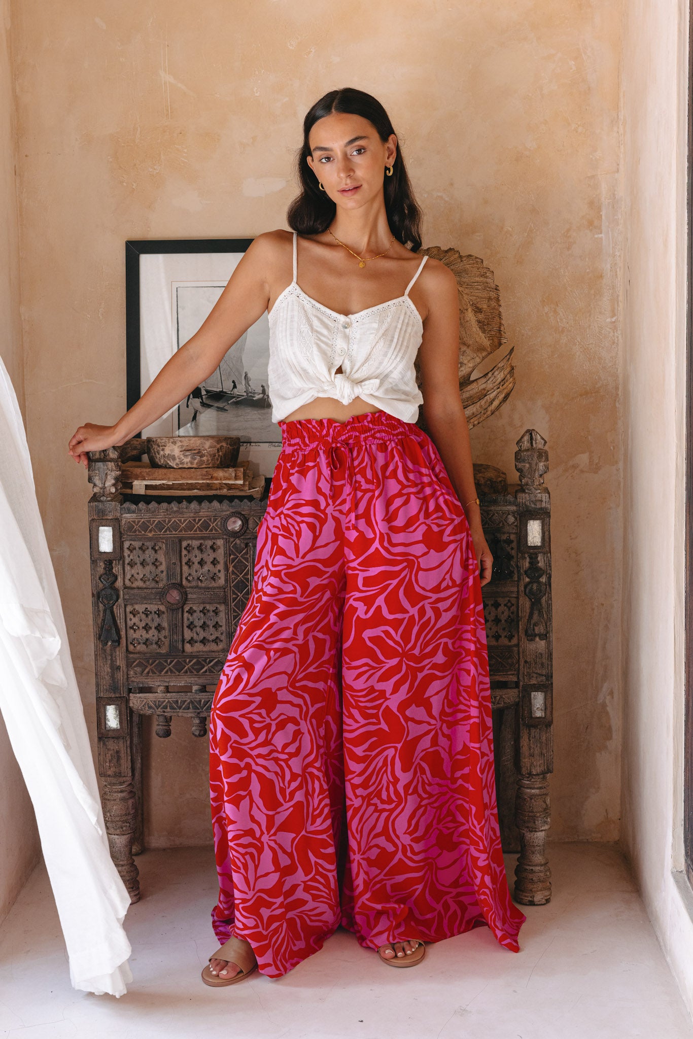Linen Palazzo Pants for Women Casual Boho Tropical Printed Wide