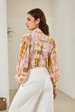 Helia Pink Abstract Shells Balloon Sleeve Blouse