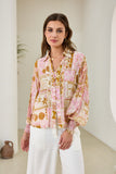 Helia Pink Abstract Shells Balloon Sleeve Blouse