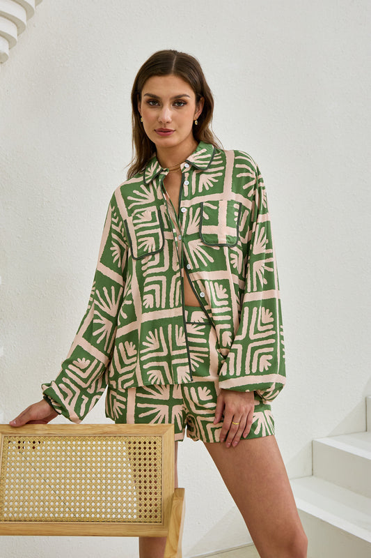 Ardenia Green Abstract Contrast Detail Shirt
