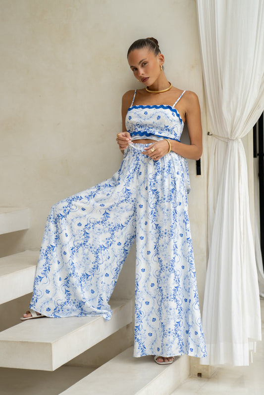 Fiora Blue Floral Wide Leg Pants