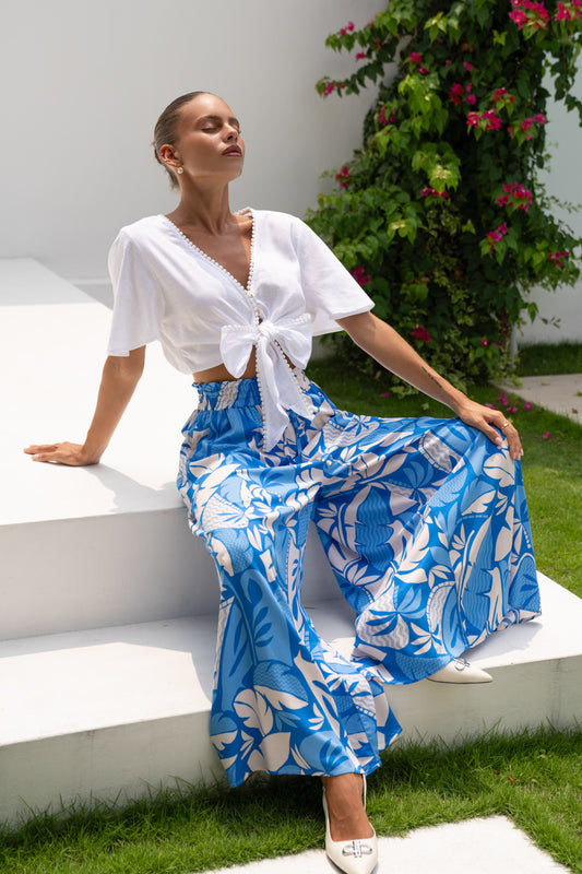 Vale Blue Tropical Wide Leg Cropped Pants