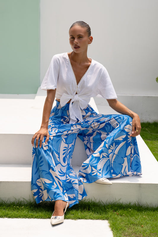 Vale Blue Tropical Wide Leg Cropped Pants