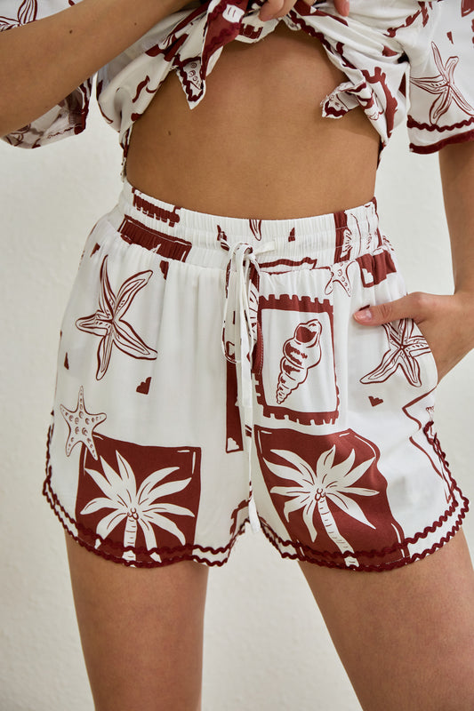 Mira Brown Sea Shells Tropical Ric Rac Shorts