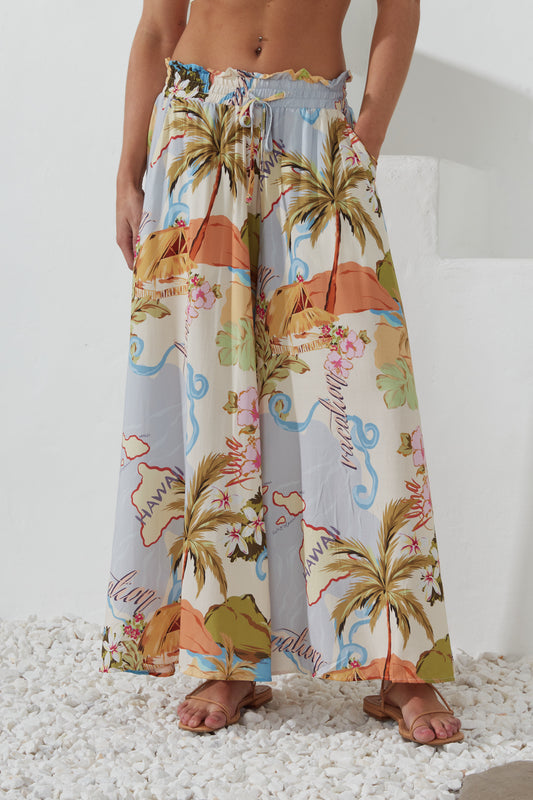 Hawaii Blue Tropical Wide Leg Cropped Pants