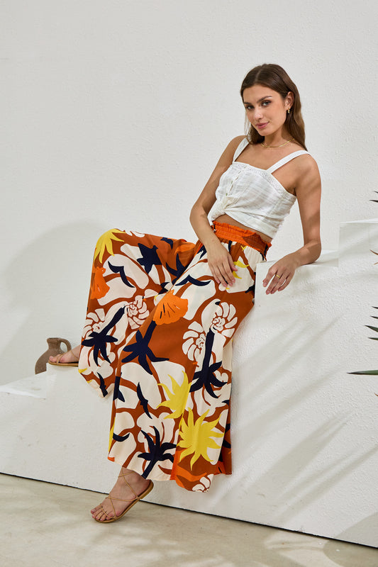 Esmeralda Orange Abstract Wide Leg Cropped Pants