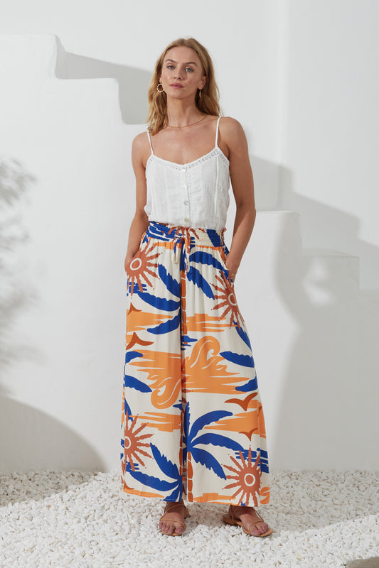 Tropicana Blue Orange Abstract Wide Leg Cropped Pants