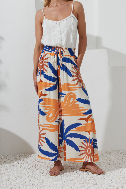 Tropicana Blue Orange Abstract Wide Leg Cropped Pants