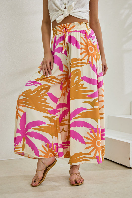 Tropicana Pink Orange Abstract Wide Leg Cropped Pants