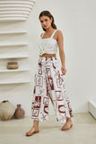 Mira Brown Sea Shells Tropical Wide Leg Cropped Pants