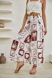 Mira Brown Sea Shells Tropical Wide Leg Cropped Pants