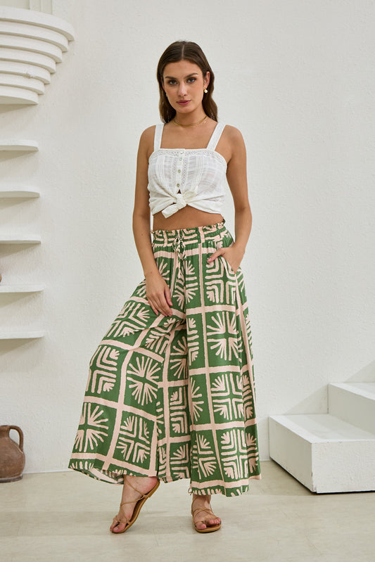 Ardenia Green Abstract Wide Leg Cropped Pants