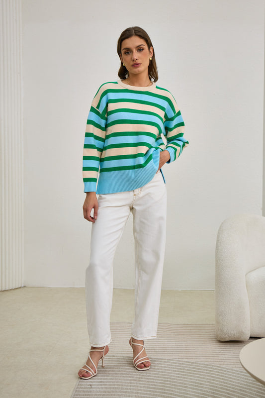 Anya Green Blue Stripe Knit Sweater