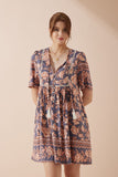 Amarante Navy Peach Floral Boho V-Neck Mini Dress