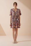 Amarante Navy Peach Floral Boho V-Neck Mini Dress