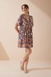 Amarante Navy Peach Floral Boho V-Neck Mini Dress