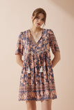 Amarante Navy Peach Floral Boho V-Neck Mini Dress