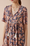 Amarante Navy Peach Floral Boho V-Neck Mini Dress