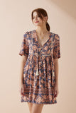 Amarante Navy Peach Floral Boho V-Neck Mini Dress