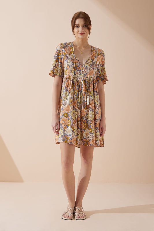 Aurelie Orange Blue Floral V-Neck Mini Dress