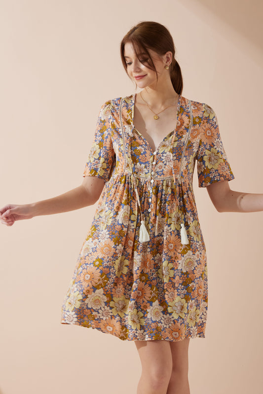 Aurelie Orange Blue Floral V-Neck Mini Dress