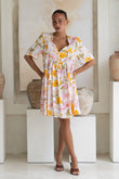 Evelia Yellow Pink Floral V-Neck Mini Dress