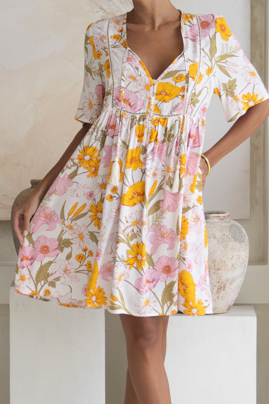 Evelia Yellow Pink Floral V-Neck Mini Dress