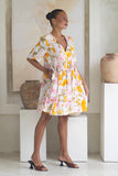 Evelia Yellow Pink Floral V-Neck Mini Dress