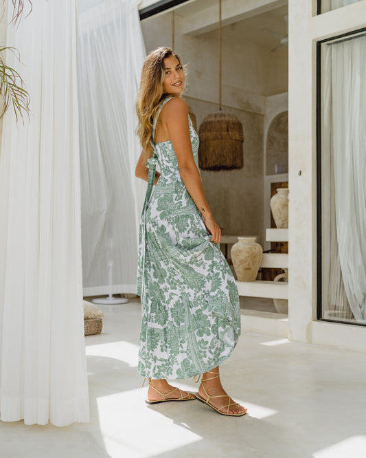 Viridiana Green Floral Tiered Midi Dress