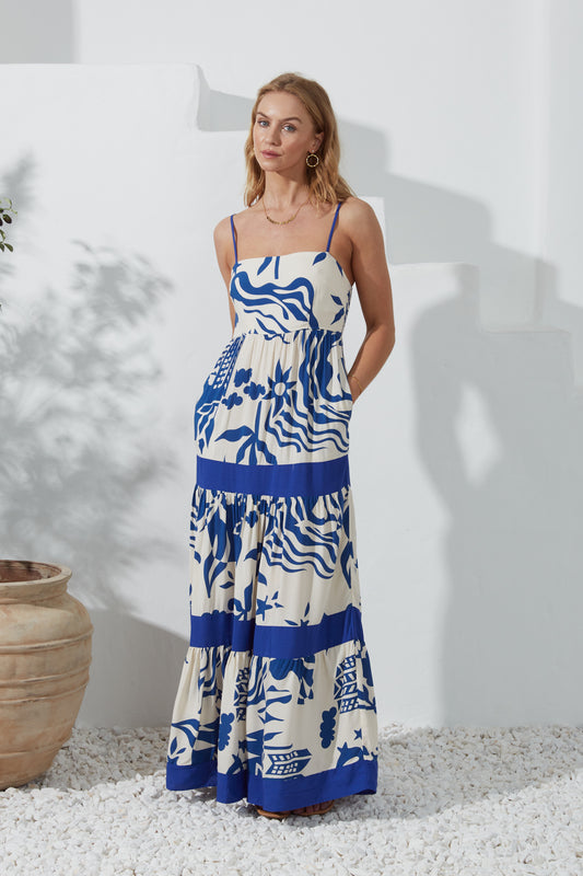 Cali Blue Abstract Contrast Tiered Maxi Dress