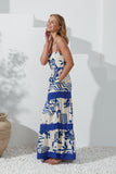 Cali Blue Abstract Contrast Tiered Maxi Dress