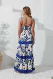 Cali Blue Abstract Contrast Tiered Maxi Dress