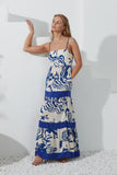 Cali Blue Abstract Contrast Tiered Maxi Dress