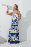 Cali Blue Abstract Contrast Tiered Maxi Dress