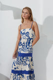 Cali Blue Abstract Contrast Tiered Maxi Dress