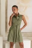 Clea Khaki Green Button Down Belted Mini Dress