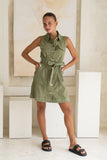 Clea Khaki Green Button Down Belted Mini Dress