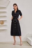 Coco Black Button Down Belted Midi Dress