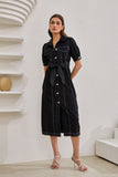 Coco Black Button Down Belted Midi Dress