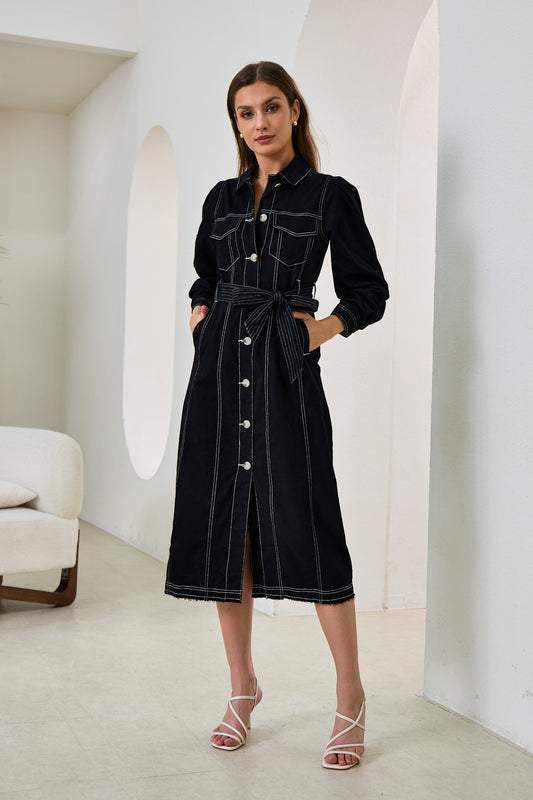 Cleo Black Button Down Belted Midi Dress