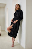 Cleo Black Button Down Belted Midi Dress