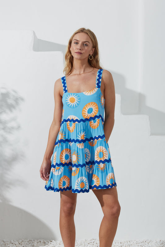 Serin Blue Abstract Sun Ric Rac Tiered Mini Dress