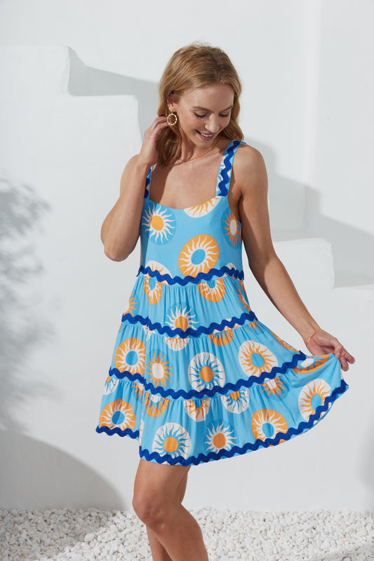 Serin Blue Abstract Sun Ric Rac Tiered Mini Dress