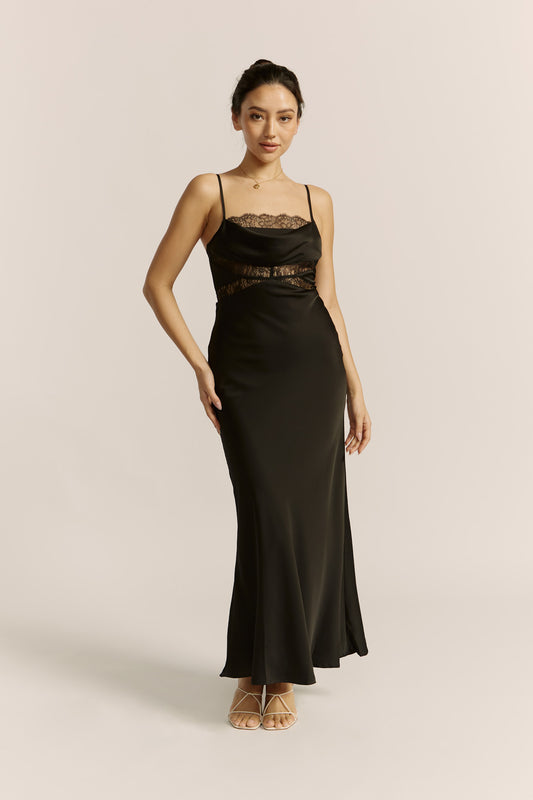 Lyna Black Satin Cowl Neck Maxi Dress